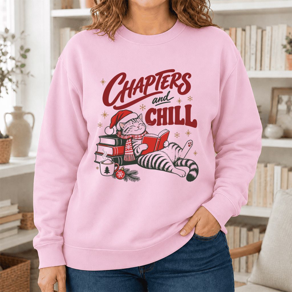 CHAPTERS and CHILL Cat Printed Sweatshirt | Christmas Book Lover Gift Light Pink
