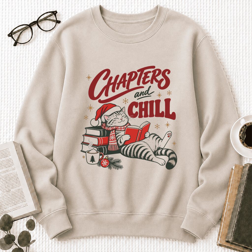 CHAPTERS and CHILL Cat Printed Sweatshirt | Christmas Book Lover Gift Sand