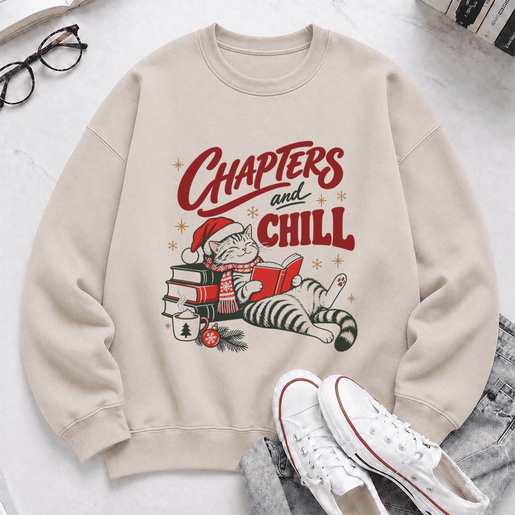 CHAPTERS and CHILL Cat Printed Sweatshirt | Christmas Book Lover Gift Sand