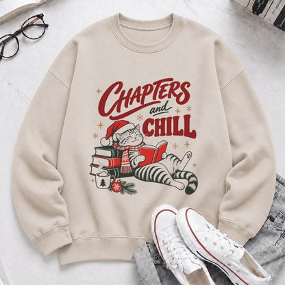 CHAPTERS and CHILL Cat Printed Sweatshirt | Christmas Book Lover Gift Sand