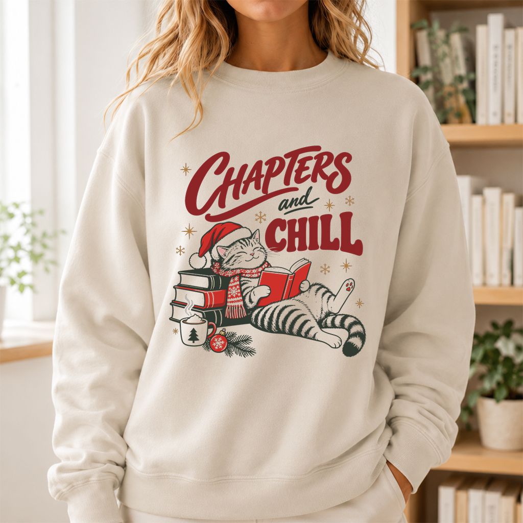 CHAPTERS and CHILL Cat Printed Sweatshirt | Christmas Book Lover Gift Sand