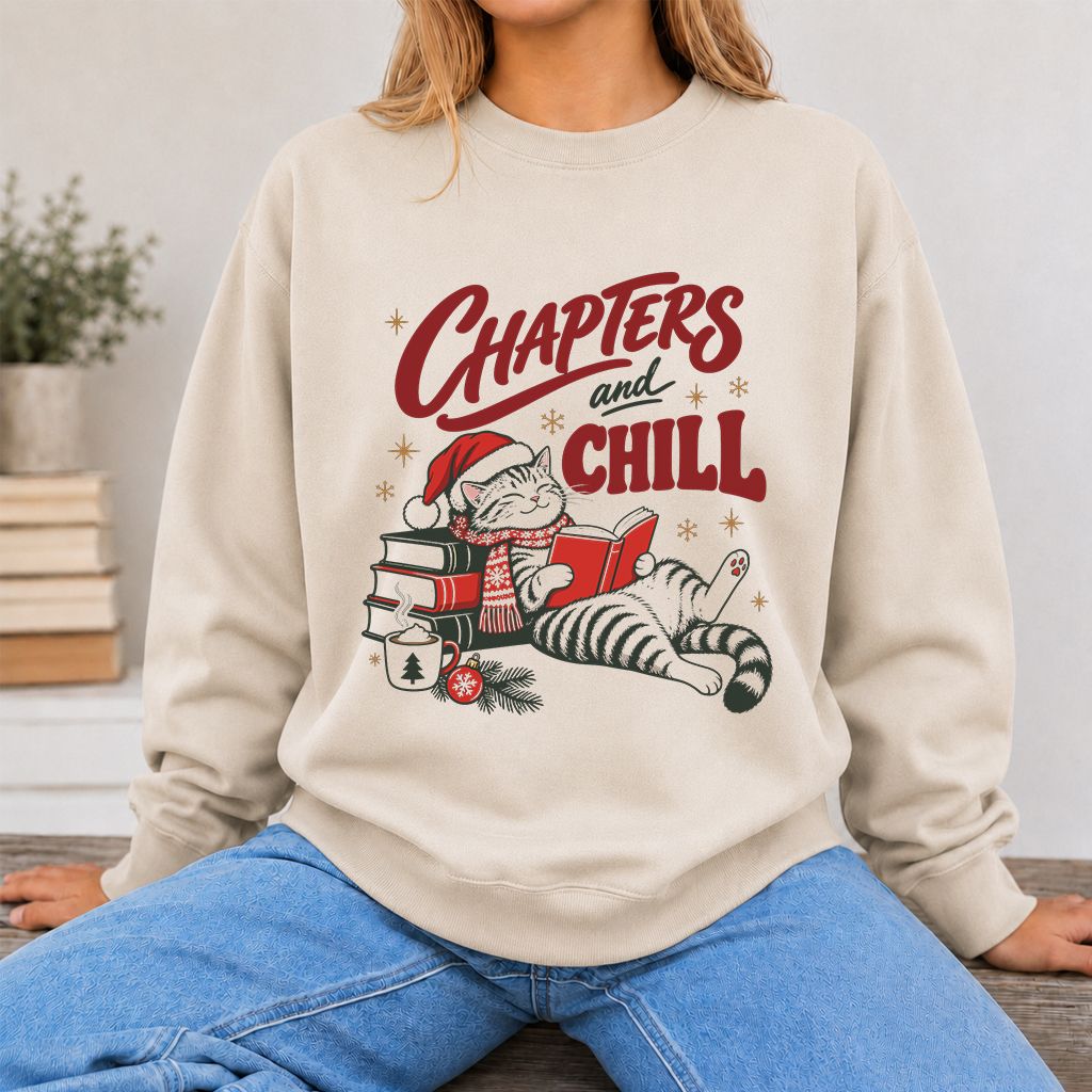 CHAPTERS and CHILL Cat Printed Sweatshirt | Christmas Book Lover Gift Sand