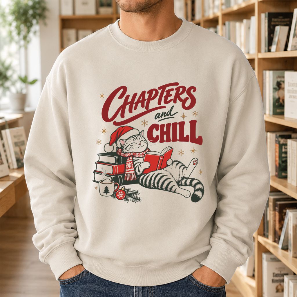 CHAPTERS and CHILL Cat Printed Sweatshirt | Christmas Book Lover Gift Sand