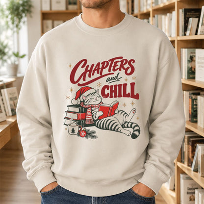 CHAPTERS and CHILL Cat Printed Sweatshirt | Christmas Book Lover Gift Sand