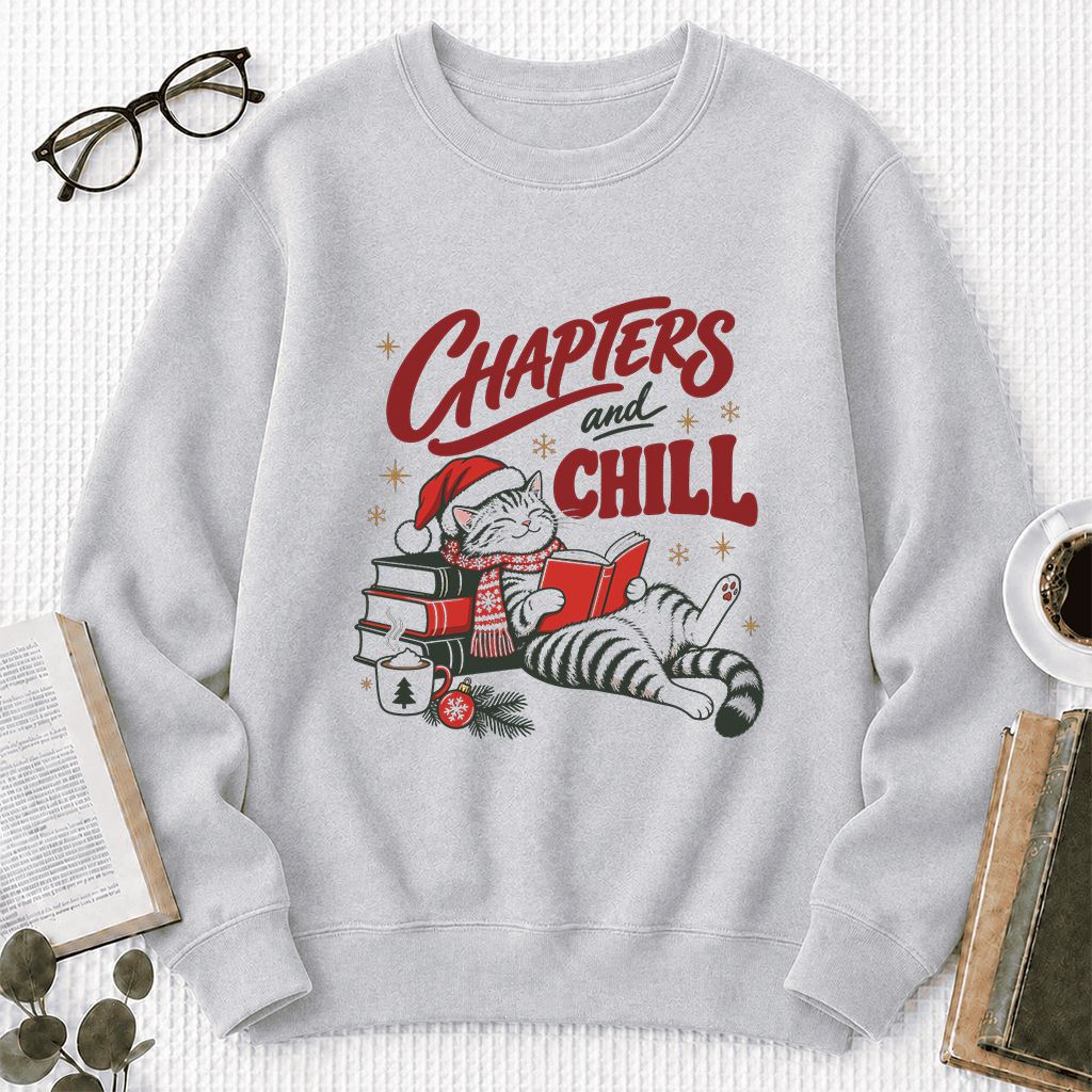 CHAPTERS and CHILL Cat Printed Sweatshirt | Christmas Book Lover Gift Sport Grey