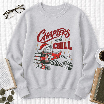 CHAPTERS and CHILL Cat Printed Sweatshirt | Christmas Book Lover Gift Sport Grey
