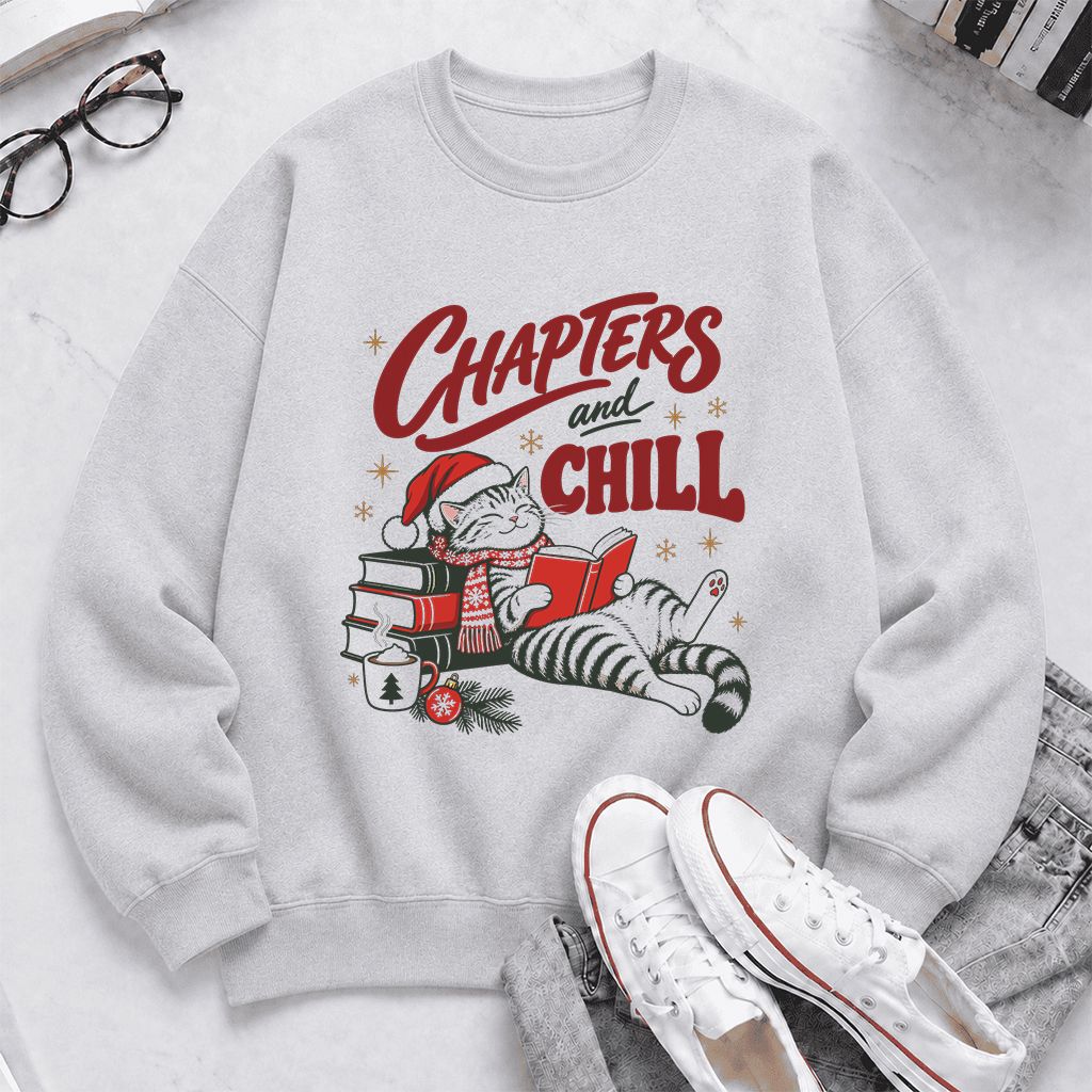 CHAPTERS and CHILL Cat Printed Sweatshirt | Christmas Book Lover Gift Sport Grey