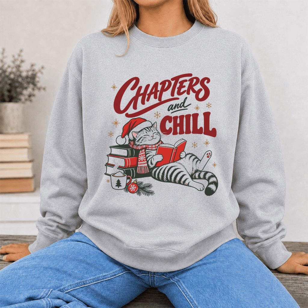 CHAPTERS and CHILL Cat Printed Sweatshirt | Christmas Book Lover Gift Sport Grey