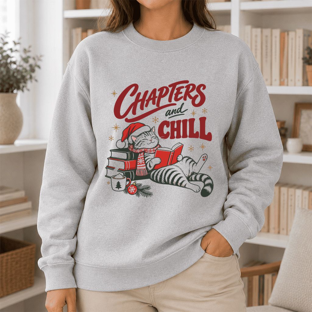 CHAPTERS and CHILL Cat Printed Sweatshirt | Christmas Book Lover Gift Sport Grey