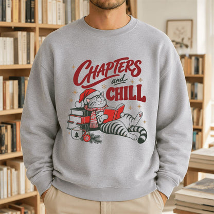 CHAPTERS and CHILL Cat Printed Sweatshirt | Christmas Book Lover Gift Sport Grey