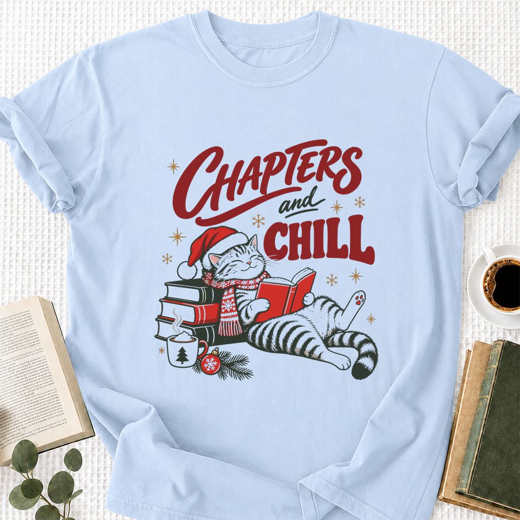 CHAPTERS and CHILL Cat Printed T-Shirt | Christmas Book Lover Gift Light Blue