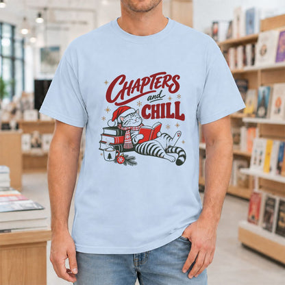 CHAPTERS and CHILL Cat Printed T-Shirt | Christmas Book Lover Gift Light Blue