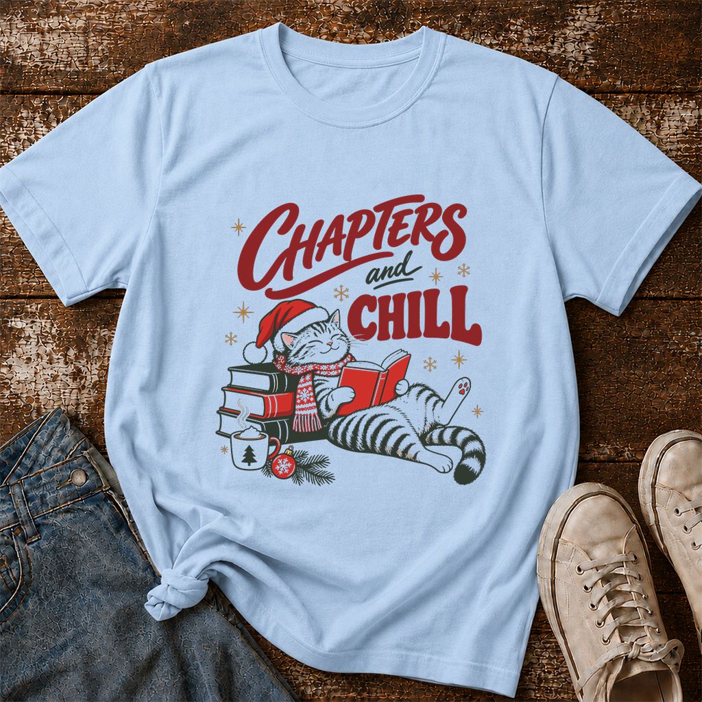 CHAPTERS and CHILL Cat Printed T-Shirt | Christmas Book Lover Gift Light Blue