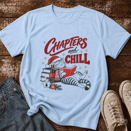 CHAPTERS and CHILL Cat Printed T-Shirt | Christmas Book Lover Gift Light Blue