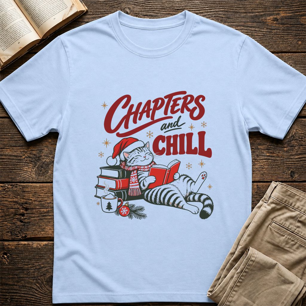 CHAPTERS and CHILL Cat Printed T-Shirt | Christmas Book Lover Gift Light Blue