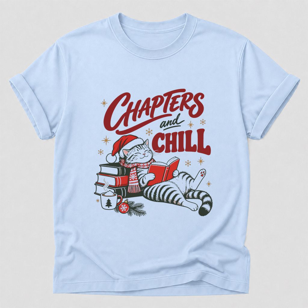 CHAPTERS and CHILL Cat Printed T-Shirt | Christmas Book Lover Gift Light Blue