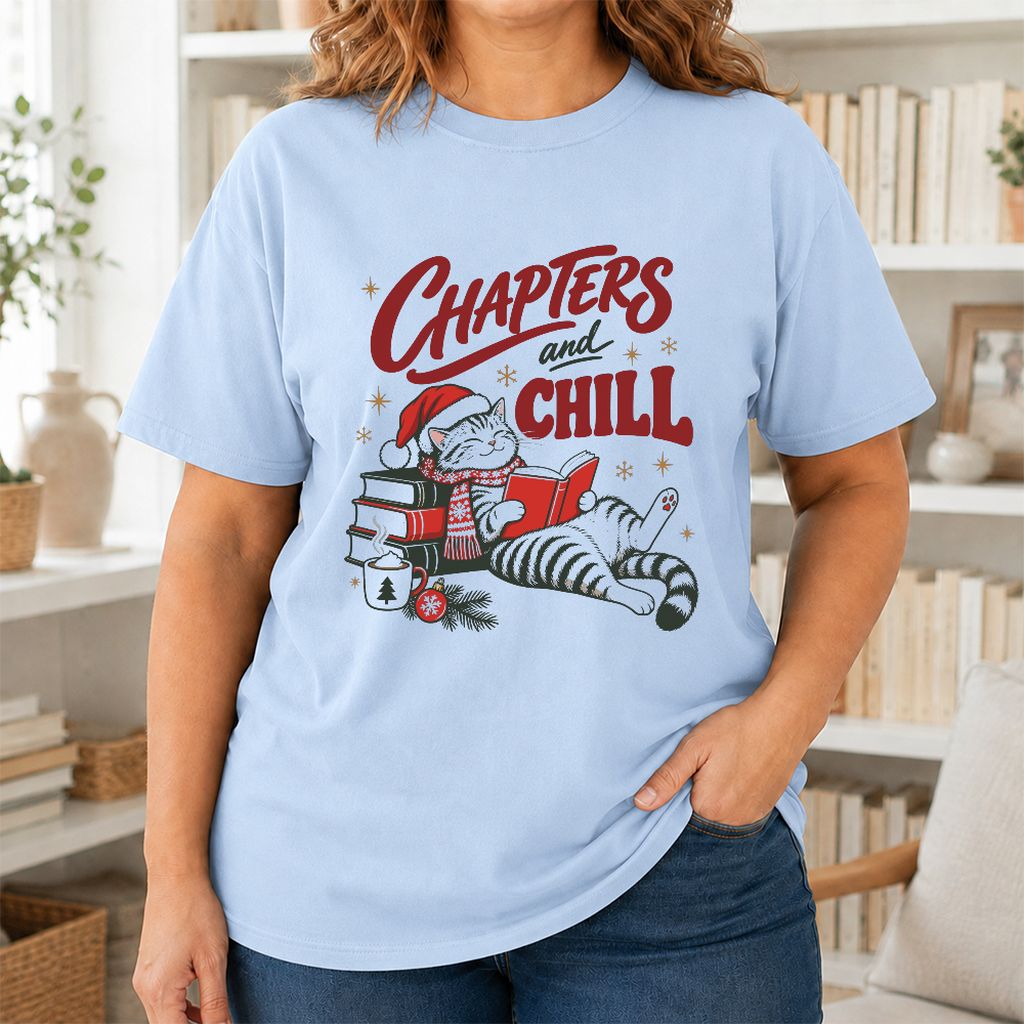 CHAPTERS and CHILL Cat Printed T-Shirt | Christmas Book Lover Gift Light Blue