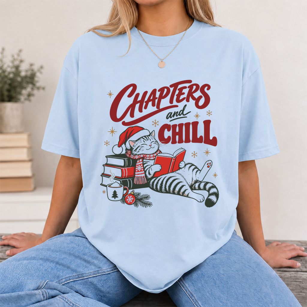 CHAPTERS and CHILL Cat Printed T-Shirt | Christmas Book Lover Gift Light Blue
