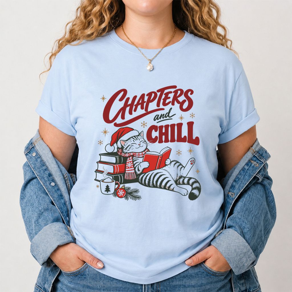 CHAPTERS and CHILL Cat Printed T-Shirt | Christmas Book Lover Gift Light Blue