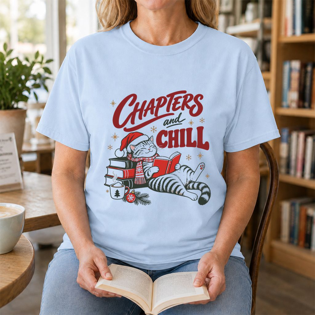 CHAPTERS and CHILL Cat Printed T-Shirt | Christmas Book Lover Gift Light Blue