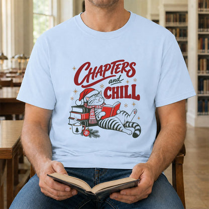 CHAPTERS and CHILL Cat Printed T-Shirt | Christmas Book Lover Gift Light Blue
