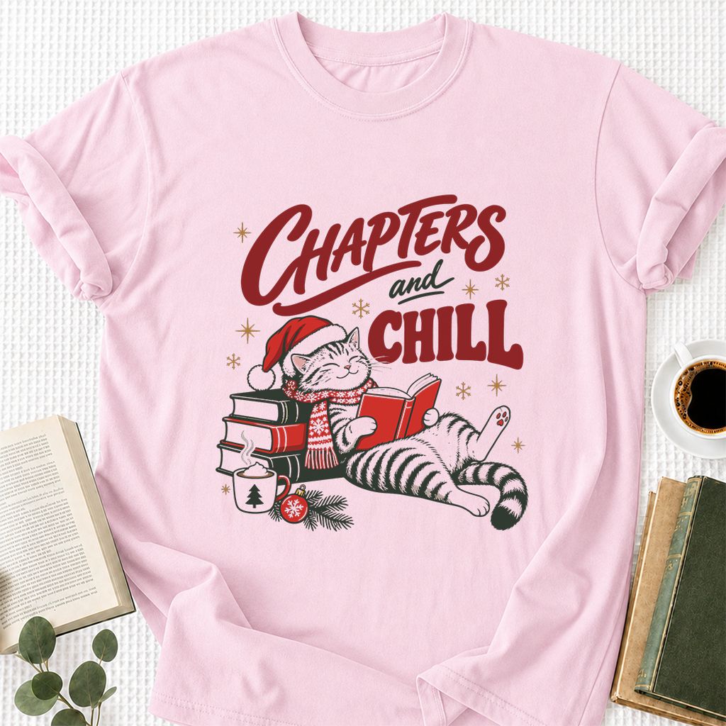 CHAPTERS and CHILL Cat Printed T-Shirt | Christmas Book Lover Gift Light Pink