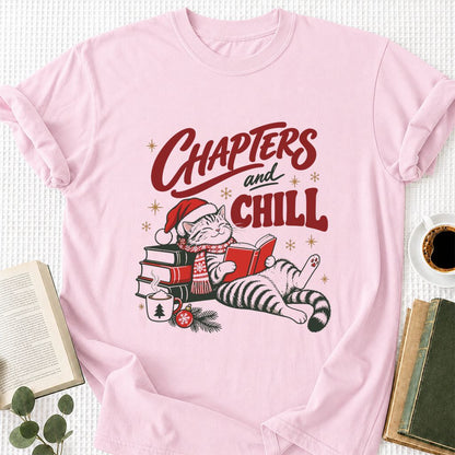 CHAPTERS and CHILL Cat Printed T-Shirt | Christmas Book Lover Gift Light Pink