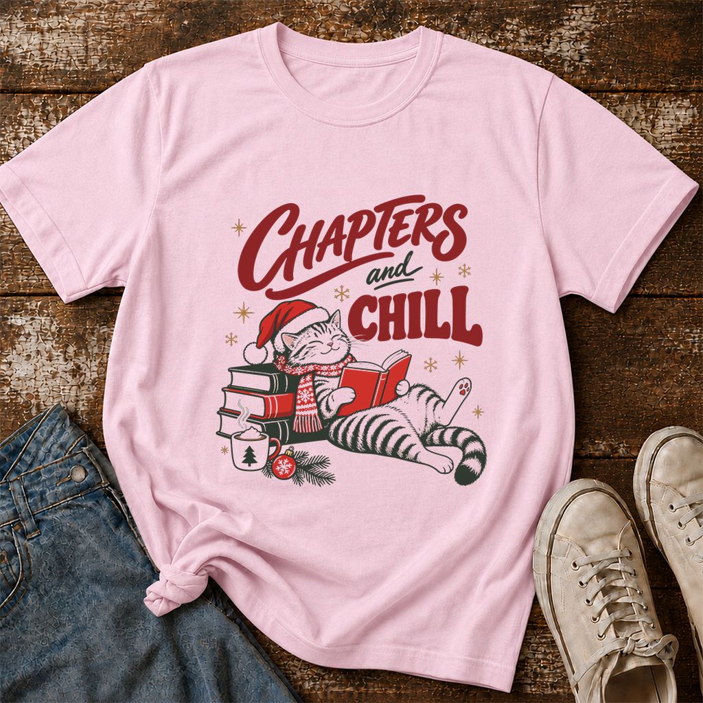 CHAPTERS and CHILL Cat Printed T-Shirt | Christmas Book Lover Gift Light Pink