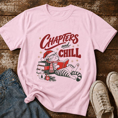 CHAPTERS and CHILL Cat Printed T-Shirt | Christmas Book Lover Gift Light Pink