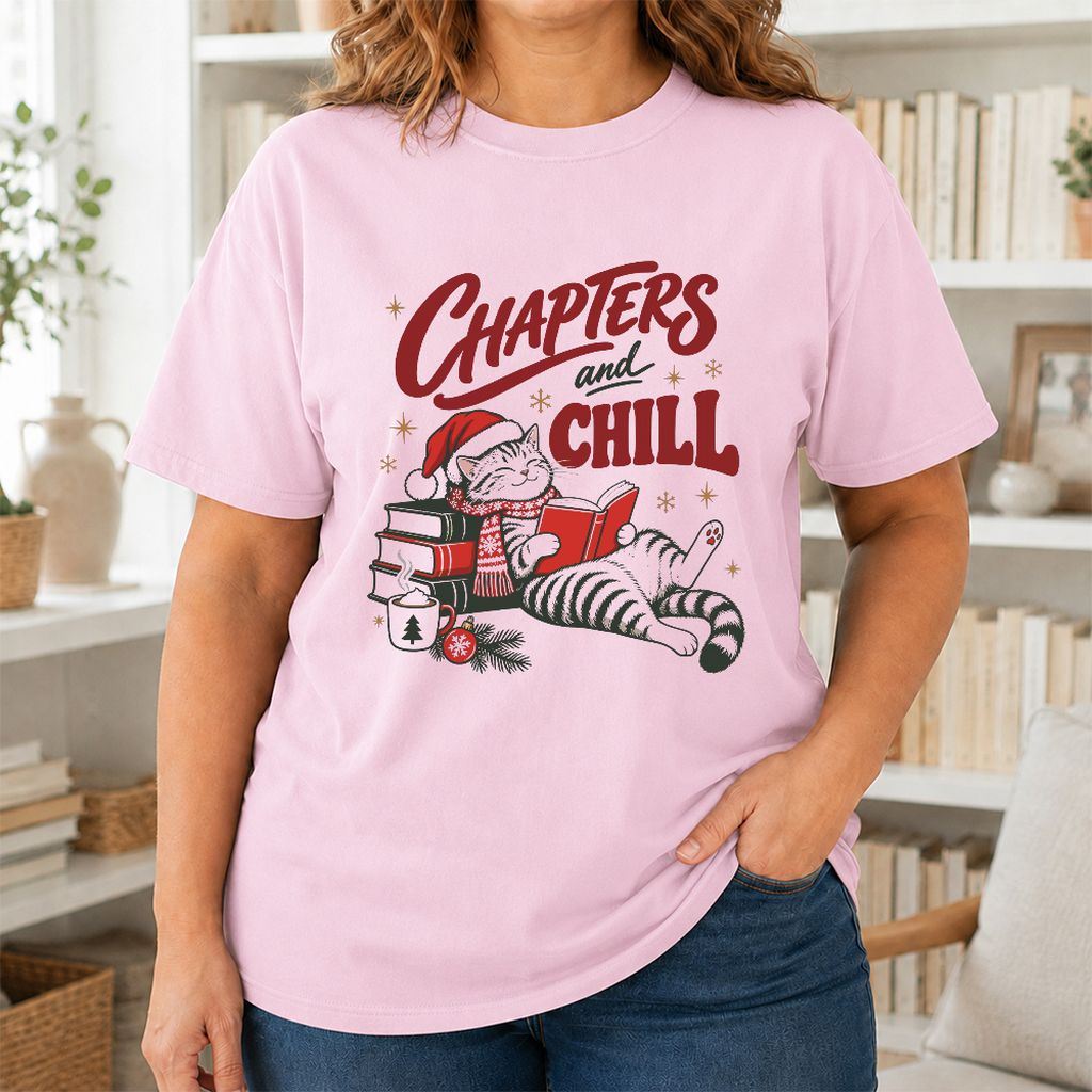 CHAPTERS and CHILL Cat Printed T-Shirt | Christmas Book Lover Gift Light Pink