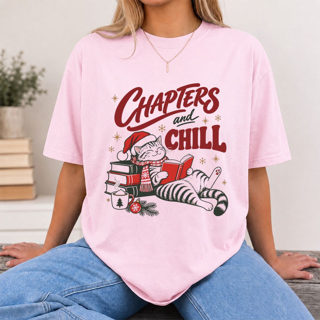 CHAPTERS and CHILL Cat Printed T-Shirt | Christmas Book Lover Gift Light Pink