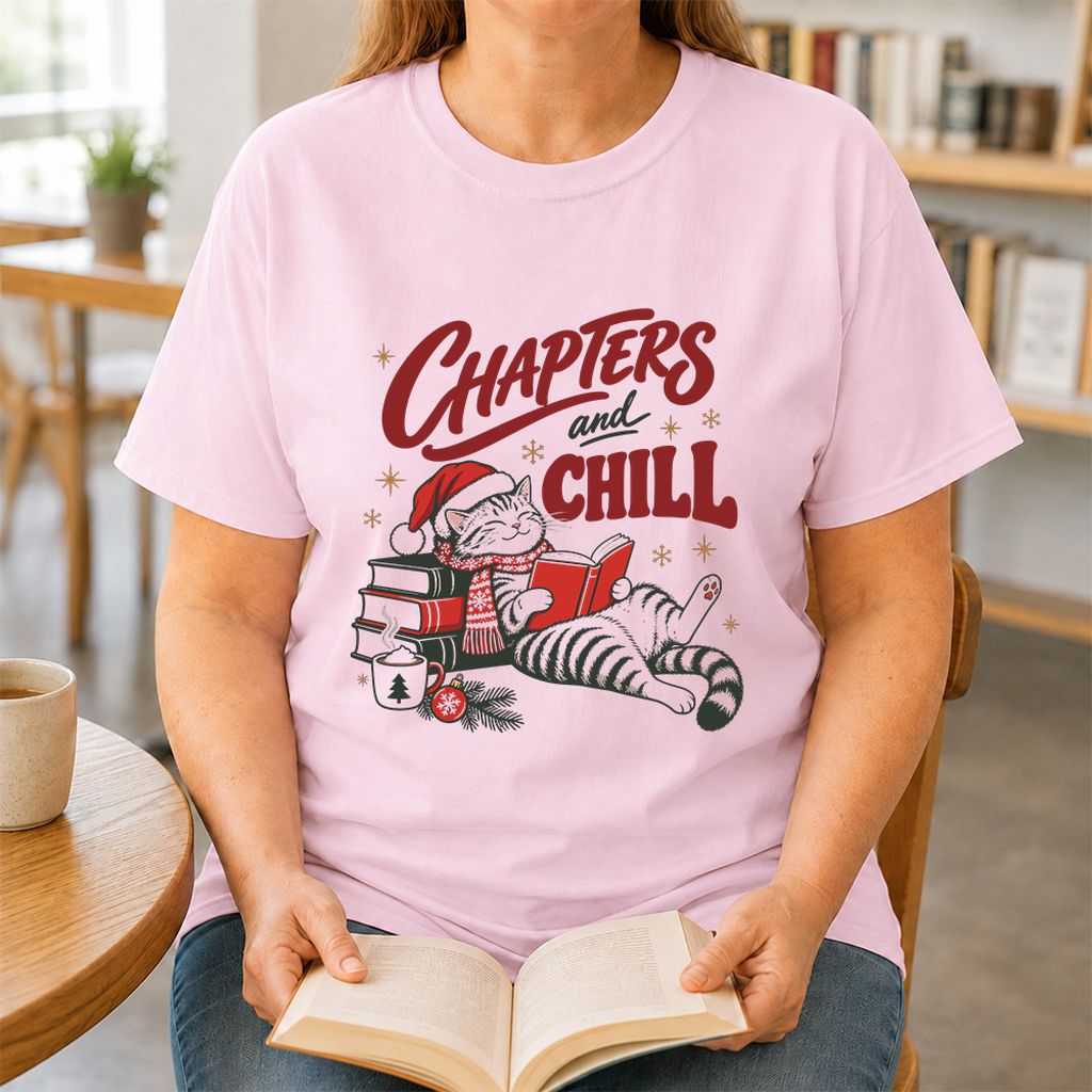 CHAPTERS and CHILL Cat Printed T-Shirt | Christmas Book Lover Gift Light Pink