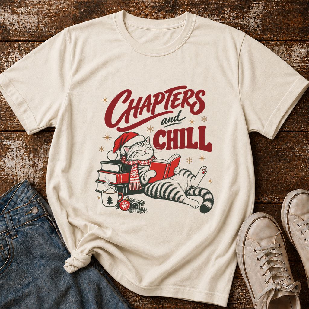 CHAPTERS and CHILL Cat Printed T-Shirt | Christmas Book Lover Gift Natural