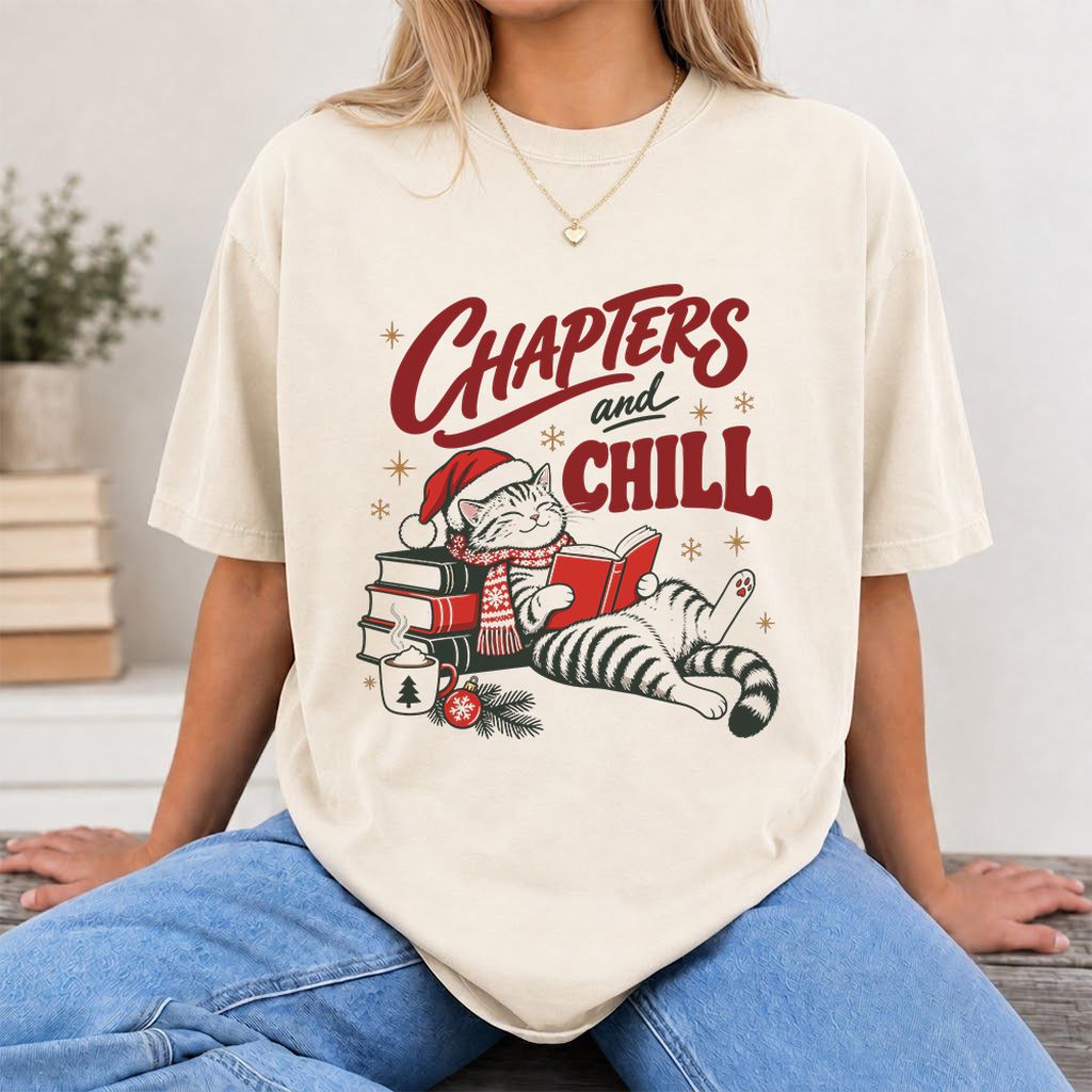 CHAPTERS and CHILL Cat Printed T-Shirt | Christmas Book Lover Gift Natural