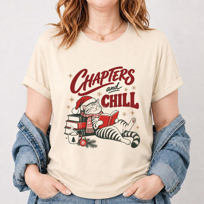 CHAPTERS and CHILL Cat Printed T-Shirt | Christmas Book Lover Gift Natural