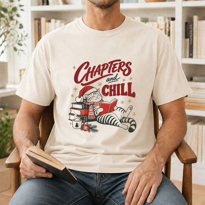 CHAPTERS and CHILL Cat Printed T-Shirt | Christmas Book Lover Gift Natural