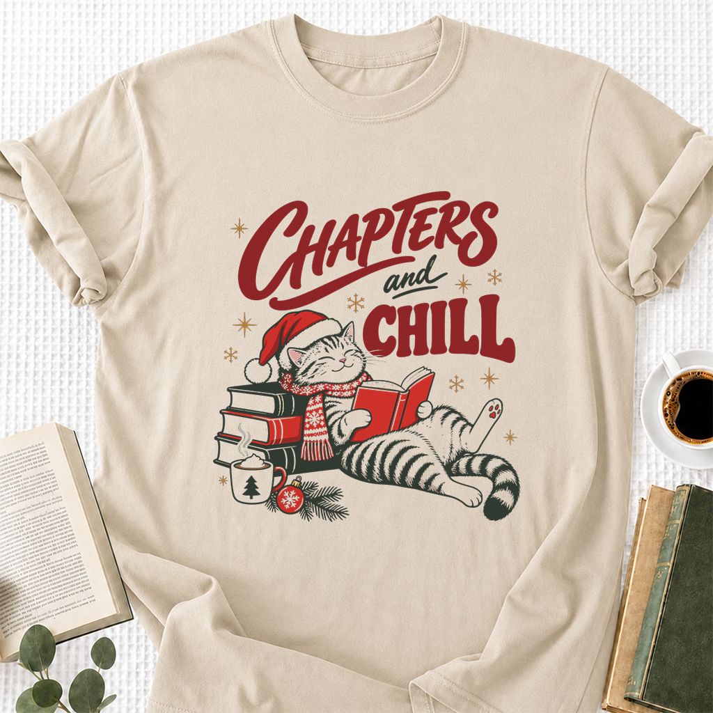 CHAPTERS and CHILL Cat Printed T-Shirt | Christmas Book Lover Gift Sand