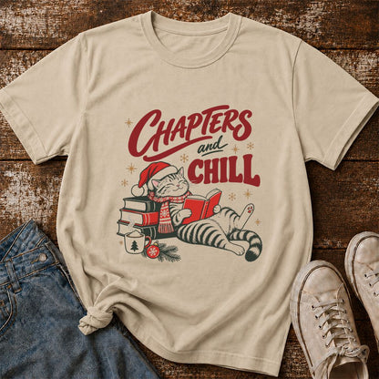CHAPTERS and CHILL Cat Printed T-Shirt | Christmas Book Lover Gift Sand