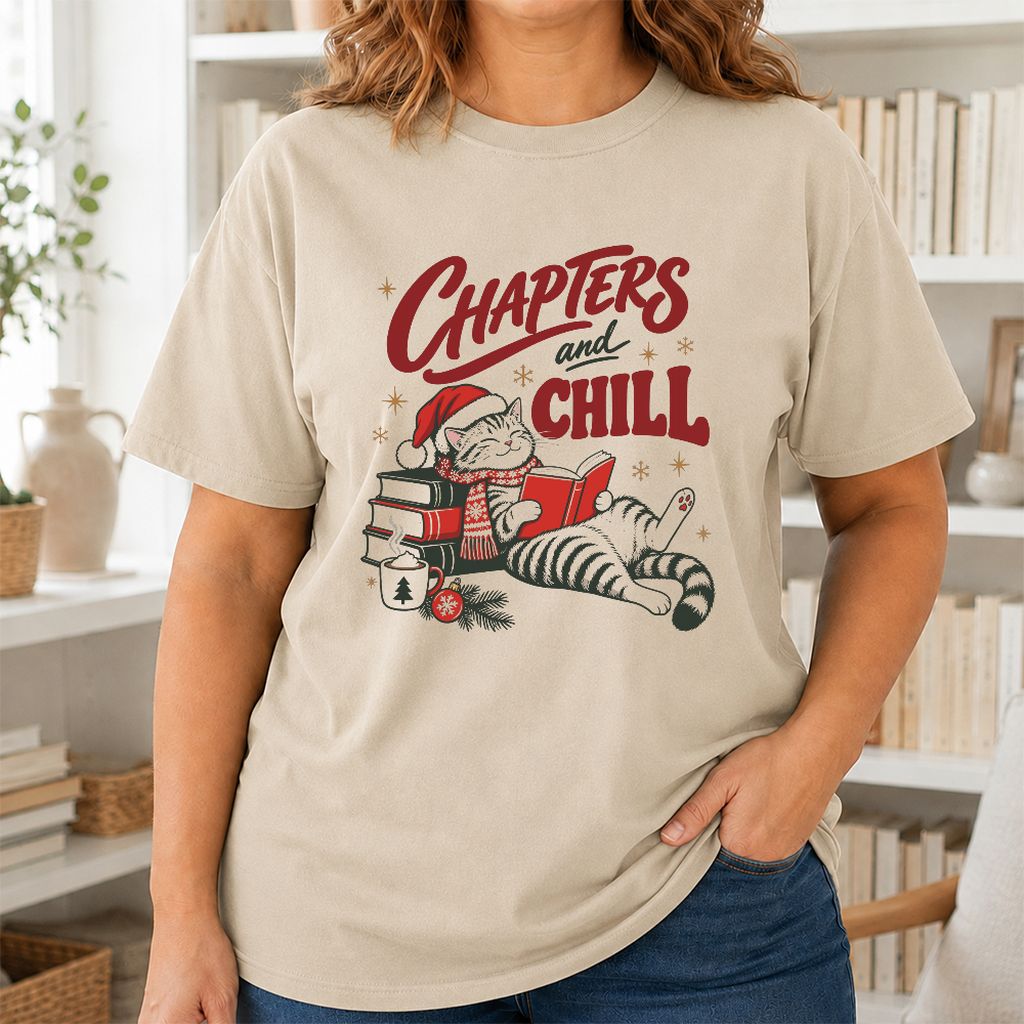 CHAPTERS and CHILL Cat Printed T-Shirt | Christmas Book Lover Gift Sand