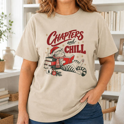CHAPTERS and CHILL Cat Printed T-Shirt | Christmas Book Lover Gift Sand