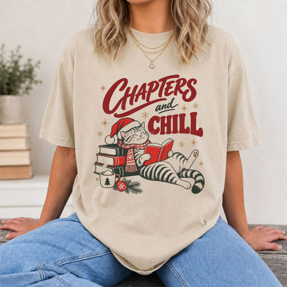 CHAPTERS and CHILL Cat Printed T-Shirt | Christmas Book Lover Gift Sand