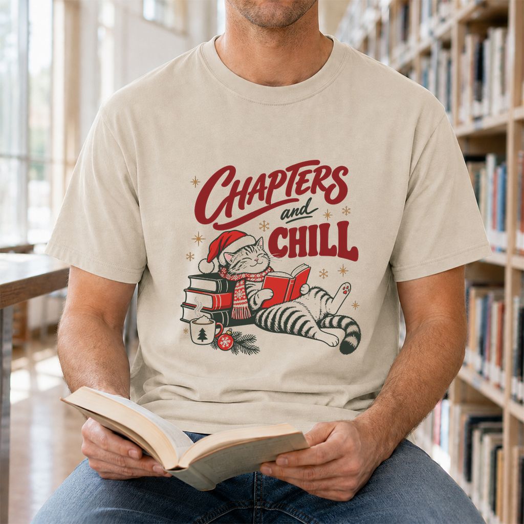 CHAPTERS and CHILL Cat Printed T-Shirt | Christmas Book Lover Gift Sand