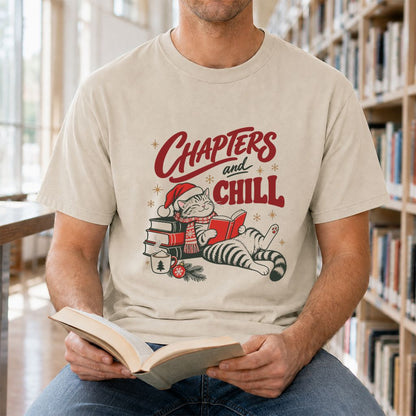 CHAPTERS and CHILL Cat Printed T-Shirt | Christmas Book Lover Gift Sand