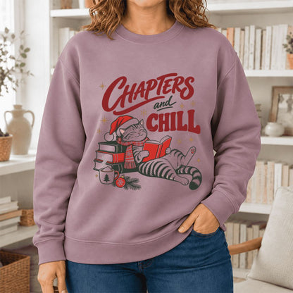Chapters And Chill Cute Cat Softstyle Sweatshirt | Christmas Reader Gift Paragon