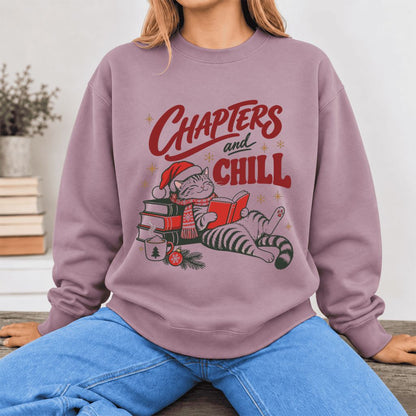 Chapters And Chill Cute Cat Softstyle Sweatshirt | Christmas Reader Gift Paragon