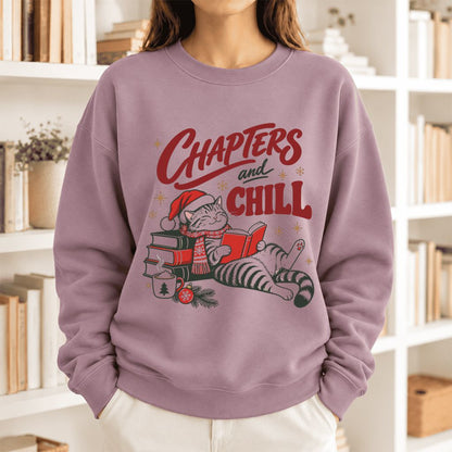Chapters And Chill Cute Cat Softstyle Sweatshirt | Christmas Reader Gift Paragon
