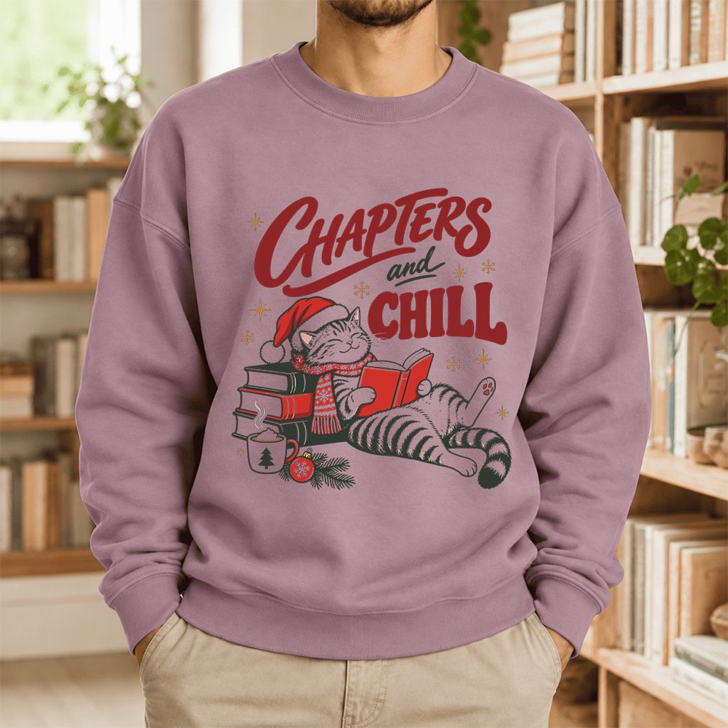 Chapters And Chill Cute Cat Softstyle Sweatshirt | Christmas Reader Gift Paragon