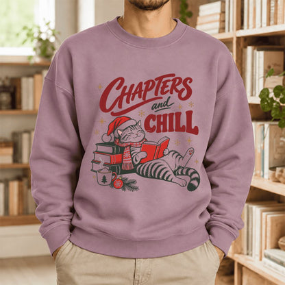 Chapters And Chill Cute Cat Softstyle Sweatshirt | Christmas Reader Gift Paragon