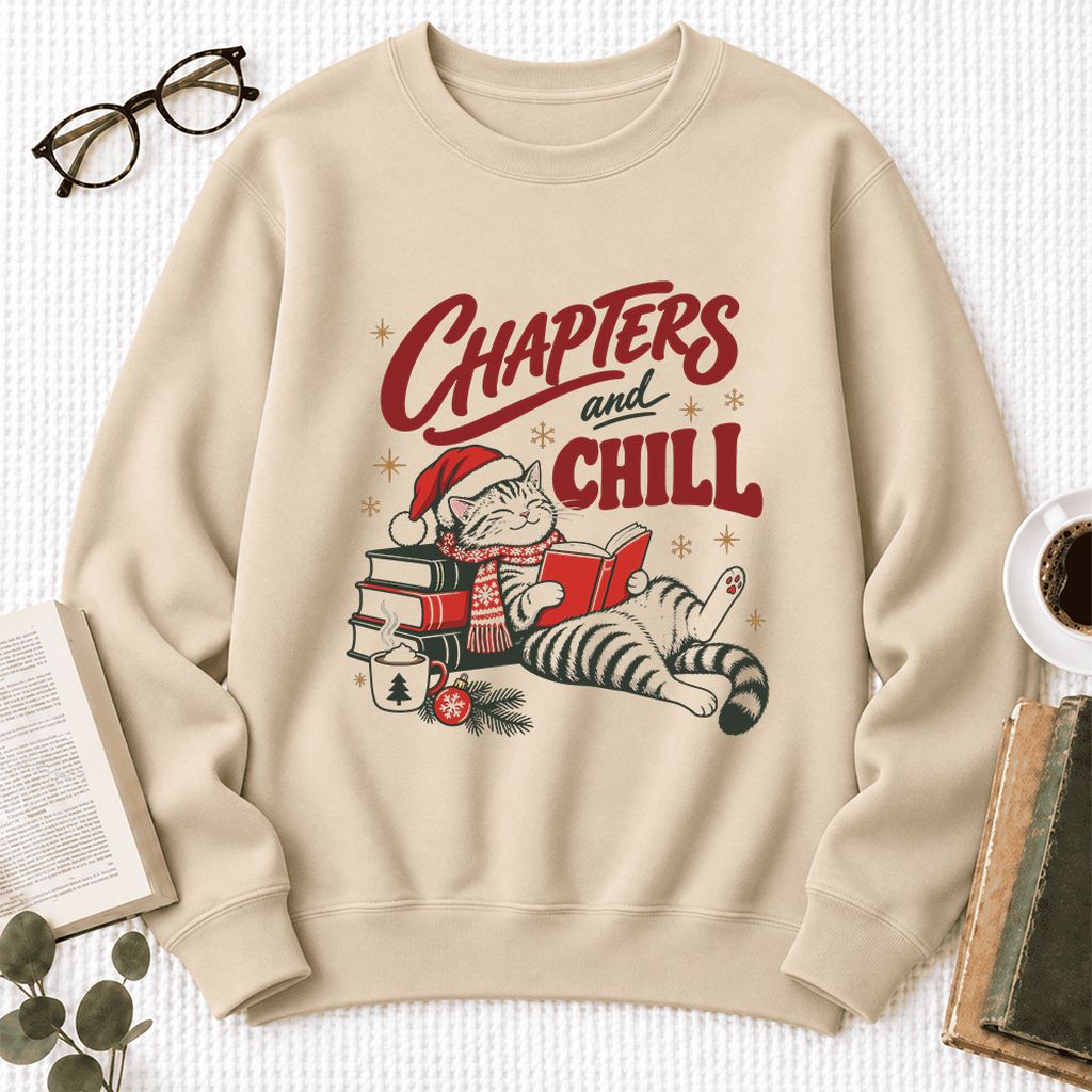 Chapters And Chill Cute Cat Softstyle Sweatshirt | Christmas Reader Gift Sand