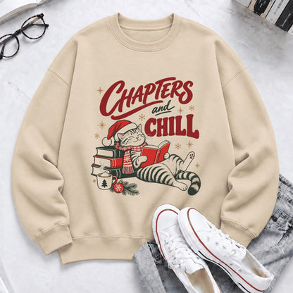 Chapters And Chill Cute Cat Softstyle Sweatshirt | Christmas Reader Gift Sand